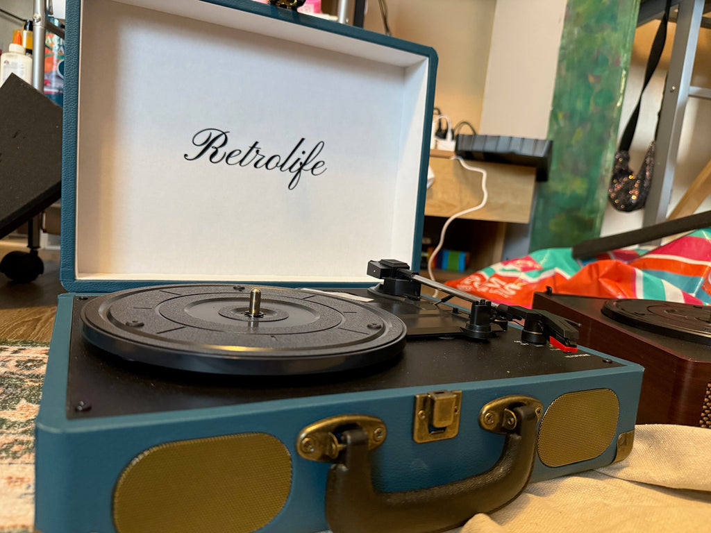 Retrolife Blue Suitcase Turntable Record Player 33.3/45RPM Headphone Jack/ Bluetooth