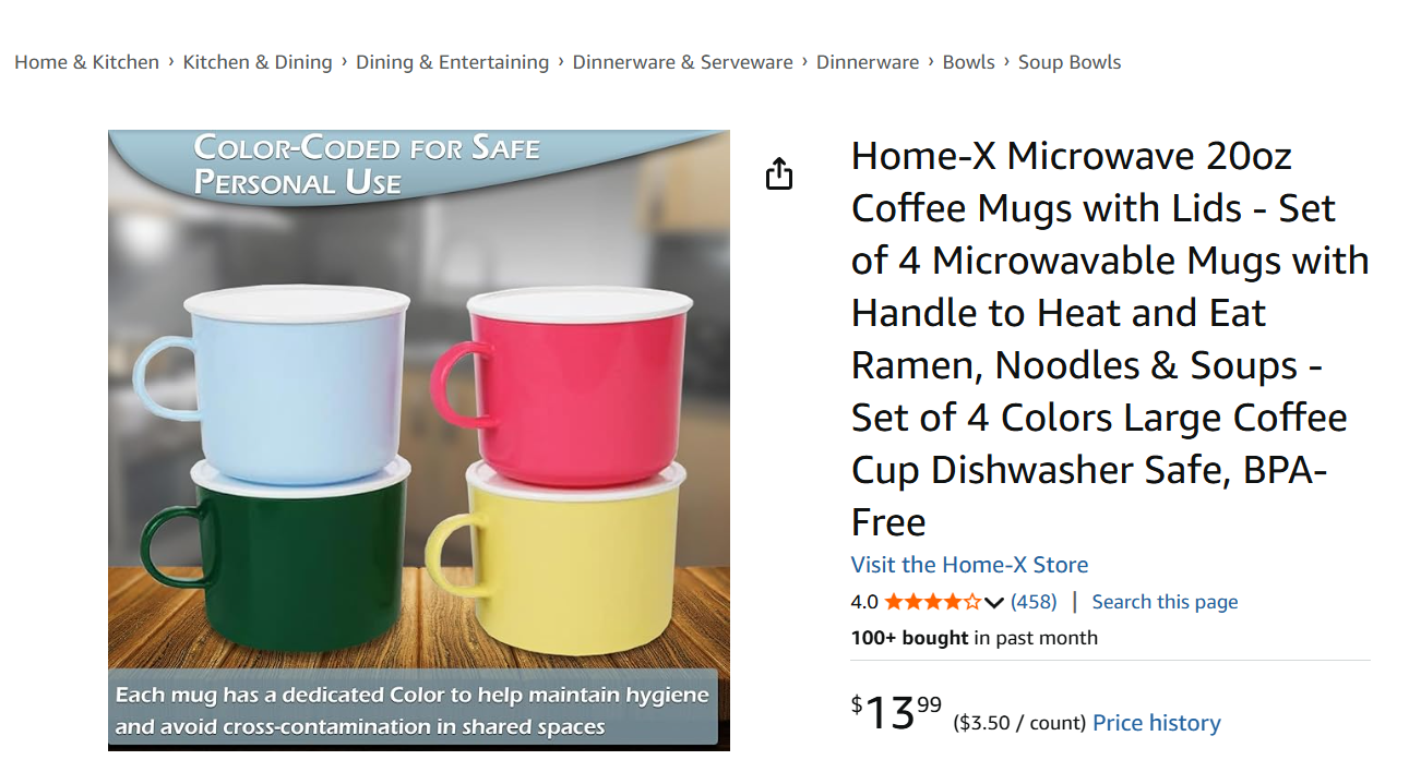 Home-X Microwave Soup Mug with Lids, Pink, Yellow, Blue and Green